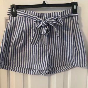 Blue and white striped shorts with tie in front